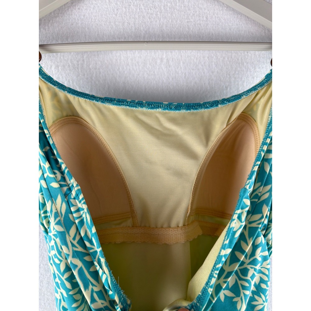 Lands End Womens Sz 14 Teal Leaf Print Ruched One Piece Swimsuit Crossover Back - Picture 6 of 8